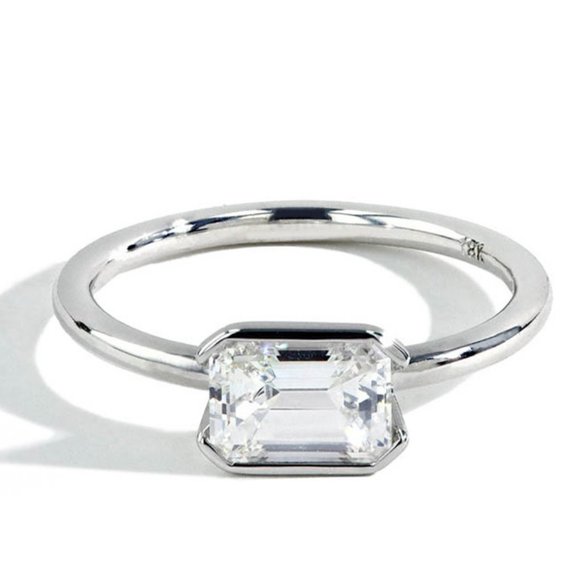 Horizontal Bezel Emerald Cut Moissanite Ring - Picture 1 of 2